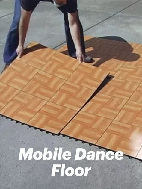 man installing portable dance floor outside on concrete Diy Outside Dance Floor Wedding, Dance Floor Alternatives Outdoor, Diy Dance Floor Outdoor, Outdoor Dance Floors Diy, Diy Dance Floor Cheap, Diy Dancefloor, Diy Dance Floor Wedding, Portable Flooring, Temporary Dance Floor