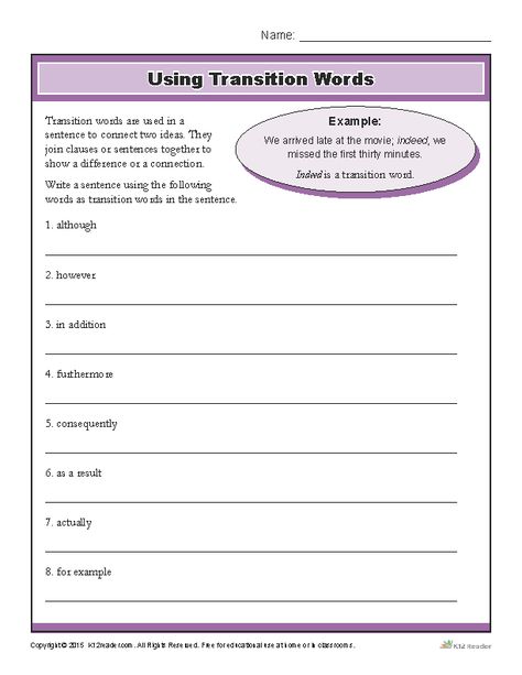 In this worksheet, your students will learn how to properly use transition words in a sentence. Click to view and print for classroom or home use! Transition Words Worksheet, 7th Grade Writing, Words Worksheet, Words List, English Collocations, Transition Words, Spelling Worksheets, Free Kindergarten Worksheets, Persuasive Essays