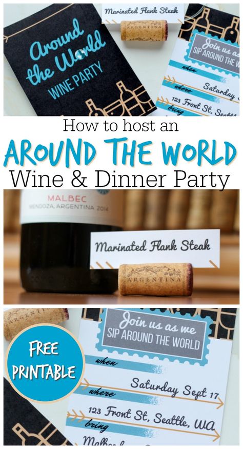 Great dinner party ideas for hosting an around the world wine pairing party. Don't just have friends over -- sip around the world with them! Party Dinner Ideas, Wine Pairings Chart, Progressive Dinner Party, Wine Pairing Party, Wine Pairing Dinner, Dinner Party Ideas, Around The World Theme, Progressive Dinner, Marinated Flank Steak