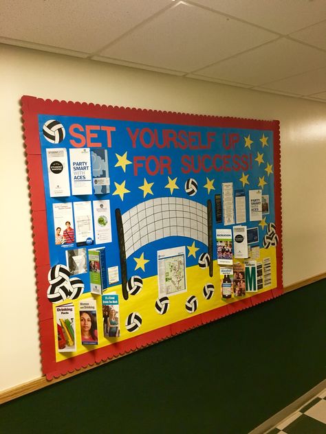 Set Yourself Up For Success Bulletin Board #volleyball #bulletinboard Volleyball Classroom Theme, Tennis Bulletin Board, Athletic Bulletin Board Ideas, Volleyball Bulletin Board Ideas, Sports Day Bulletin Board Ideas, Baseball Classroom, Sports Bulletin Boards, Pe Bulletin Boards, Ra Inspiration