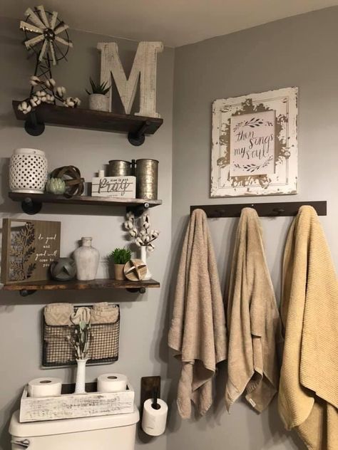 Boho Chic Bathroom, Powder Room Remodel, Half Bathroom Decor, Bathroom Storage Hacks, Bathroom Decor Signs, Bathroom Shelf Decor, Clear Bins, Themed Bathroom, Bathroom Farmhouse Style