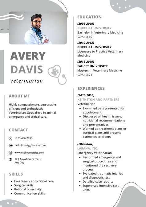 Get inspired to create a stand-out veterinarian resume! Find helpful tips and design ideas from our collection of professionally crafted resume samples. Make sure your resume stands out from the crowd and land the job you want. Resume Design Ideas, Pet Doctor, Cv Inspiration, Animal Doctor, Cv Resume Template, Cv Resume, Veterinary Medicine, Critical Care, Best Resume