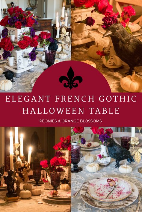 Elegant French gothic Halloween table decor inspired by the Phantom of the Opera Outside Halloween Decorations, Fall Apartment Decor, Halloween Table Settings, Halloween Table Decor, Halloween Kitchen Decor, French Gothic, French Vintage Decor, The Phantom Of The Opera, Halloween Table Decorations