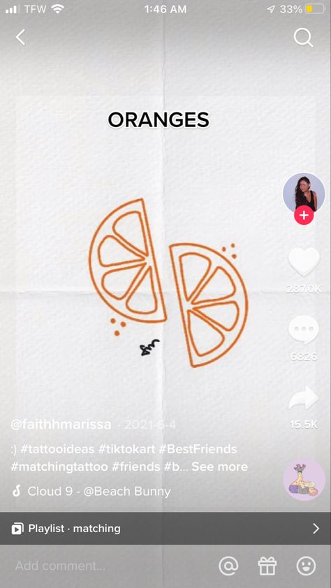 Orange Half Tattoo, Bestie Tattoo, Skin To Skin, Matching Tattoo, Friend Tattoos, Cloud 9, Friendship Goals, Matching Tattoos, Orange