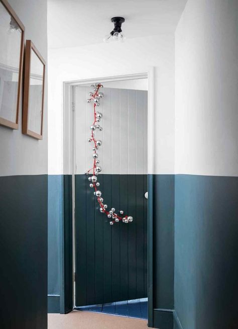 Inchyra Blue and All White. This Converted 1840s Schoolhouse in Somerset Is Now A Family Home Half Painted Walls, Hallway Paint, Inchyra Blue, Hallway Colours, Dark Blue Walls, Navy Blue Walls, Dado Rail, Painted Floor, Hallway Designs