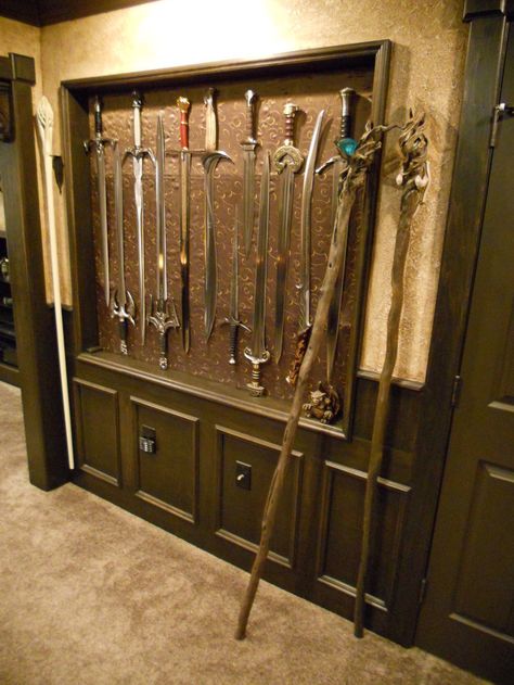 Collection Display Ideas, Lotr Swords, Dnd Room, Board Game Room, Nerd Room, Nerd Cave, Geek Decor, Collection Display, Hobbit House