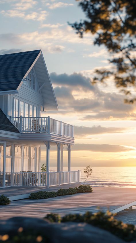 Stunning Beach House with a Deck Embracing the Ocean View Porch Patio Ideas, White Beach House, Houses By The Beach, Small Beach Houses, House Beach, Glass Beach, Resort Vacation, By The Beach, Interior Trend