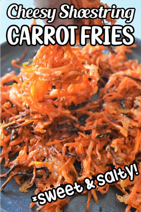 You only need 5 ingredients to make these incredible Cheesy Shoestring Carrot Fries. Shredded carrots, olive oil, Parmesan cheese with a little salt and pepper are delicious and healthy combination!  Every taste is naturally sweet from the carrots, covered in parmesan cheese and perfect for all occasions. This is an amazing side dish that goes well with steak, chicken, fish and vegetarian burgers! Grated Carrots Recipes, Carrot Hashbrown, Ways To Use Shredded Carrots, Carrot Shavings Recipe, Matchstick Carrot Recipes, Shredded Carrots Recipes, Shredded Carrot Recipes, Shredded Carrot Recipe, Carrots Recipe Healthy