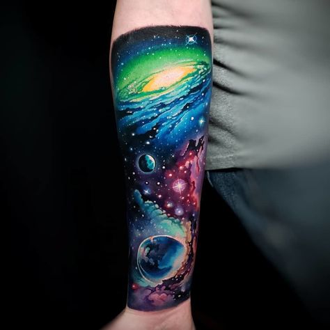 Galaxy Design Tattoo, Space Arm Tattoos For Women, Glaxay Tattoos, Space Tattoo Sleeve For Women, Super Nova Tattoo, Universe Tattoo Sleeve, Galactic Tattoo, Colorful Tattoos For Men, Space Arm Tattoo