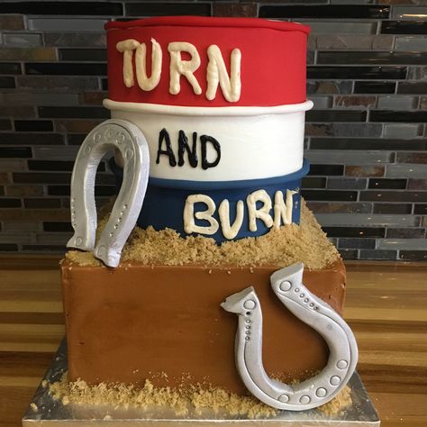 Turn and Burn 2 tier cake with horseshoes and barrell Barrel Racer Birthday Cake, Barrel Racing Party Ideas, Barrel Racing Cake, Country Birthday Cakes, Western Birthday Cakes, Horse Cakes, Race Birthday, Cowgirl Cake, Racing Cake