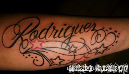 Rodriguez & Stars Tattoo Rodriguez Tattoo, Rodriguez Tattoo Name, Baby Name Tattoos, Name Tattoos, Star Tattoos, Forearm Tattoos, Simplistic Tattoos, Tattoo Drawings, Polynesian Tattoo