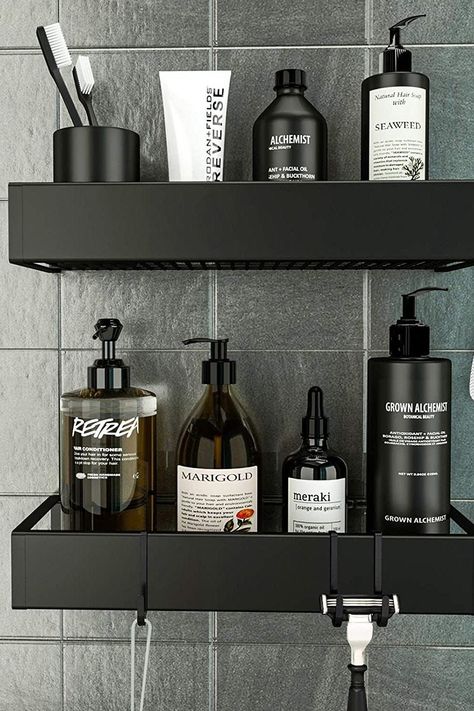 Grey Bathroom Organization, Bathroom For Men Ideas, Blue Brown Bathroom Ideas, Men’s Apartment Bathroom, Guy Bathroom Decor, Small Grey Bathroom Ideas Decor, How To Decorate A Men’s Bathroom, Grey Bathroom Aesthetic, Mans Apartment Ideas