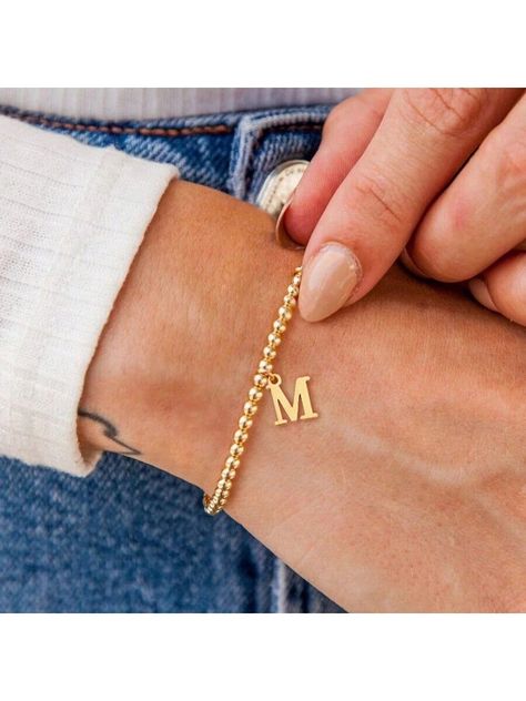 1pc Classic Stainless Steel Initial Bracelet Women Gold Color Beaded Bracelet For WomenI discovered amazing products on SHEIN.com, come check them out! Bracelet Women Gold, Letter Charm Bracelet, Hand Chain Jewelry, Valentine Gifts For Girlfriend, Gold Bracelet For Women, Gold Collar, Bracelet Women, Initial Bracelet, Hand Chain