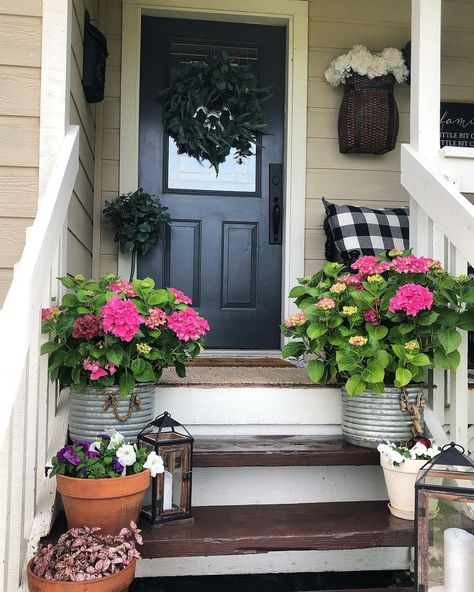 This small front porch boasts a basket of white flowers hanging on beige siding. A dark green wreath is hung on the black front door next to a small bush on the brown doormat on a beige rug. Hydrangeas in metal buckets are placed on the brown front steps near pots of spring flowers and lanterns. Front Door Plants, Front Porch Steps, Blue Front Door, Black Front Doors, Porch Steps, Front Steps, Small Front Porches, Fence Decor, Front Porch Decorating