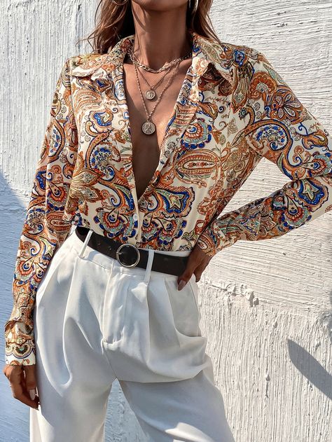 Paisley Print Shirt Outfit, Paisley Outfits Women, Paisley Pattern Outfit, Paisley Shirt Outfit, Silk Shirt Outfit, Printed Shirt Outfit, Paisley Print Fabric, Bohemian Shirt, Mexico Fashion