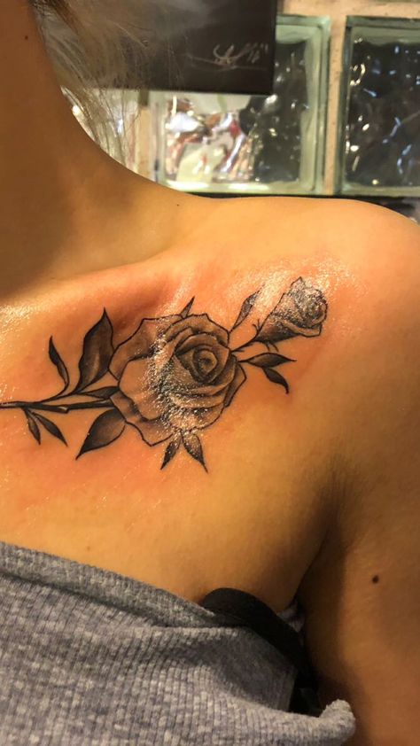 Womens Shoulder Cover Up Tattoo, Red Rose Collar Bone Tattoo, Rose Tattoo On Collar Bone For Women, Rose Collar Bone Tattoos For Women, Chest Name Cover Up Tattoos, Rose Chest Tattoos For Women, Roses On Chest Tattoo, Chest Rose Tattoo Female, Rose On Chest Tattoo