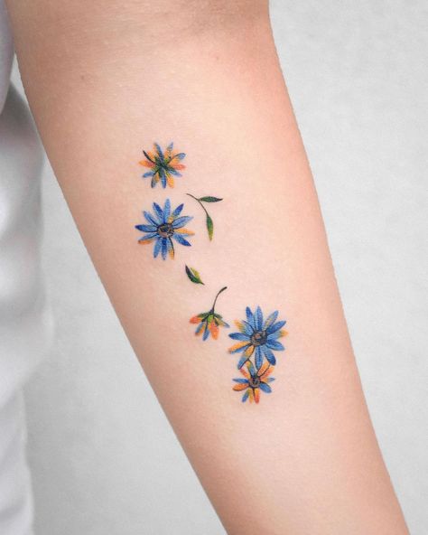 Blue And Yellow Flower Tattoo, Blue Daisy Tattoo, Yellow Flower Tattoos, Daisies Tattoo, Survivor Tattoo, Blue Daisies, Filipiniana Dress, Korean Tattoos, Daisy Tattoo