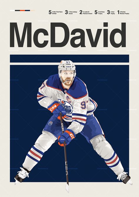 Connor McDavid poster featuring a mid century modern design style. The high-quality print showcases a beautiful digital drawing of Connor McDavid. Perfect for any Edmonton Oilers fan looking to add some flair to their living space. Vintage Hockey Posters, Hockey Posters, Connor Mcdavid, Sports Posters, Hockey Stuff, Awards Trophy, Edmonton Oilers, Modern Mid Century, Hockey Player