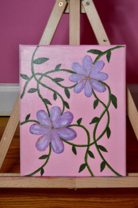 Pink Background Canvas Painting, Painting With Purple Background, Purple Flower Painting Easy, Purple Aesthetic Drawings, Flower Vine Painting, Canvas Painting Ideas Flowers, Purple Art Aesthetic Painting, Flowers Painting Aesthetic, Purple Background Painting