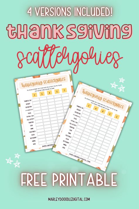 Download these free printable Thanksgiving Scattergories games! With four different versions, it’s the perfect way to keep kids entertained during the holiday, whether at home, in the classroom, or at family gatherings. Thanksgiving Scattergories, Scattergories Game, Dot Marker Printables, Free Printable Thanksgiving, Activity Printables, Free Thanksgiving Printables, Printable Games For Kids, Thanksgiving Words, Free Games For Kids