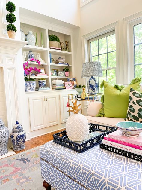 Priscilla curated on LTK Grandmillenial Style Family Room, Bright Traditional Living Room, White Pink Green Living Room, Blue And White Southern Living Room, Southern Aesthetic House, Southern Living Living Room Ideas, Southern Preppy Living Room, Southern Preppy Home Decor, Preppy Coastal Living Room