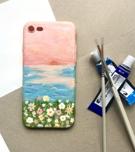 Phone Case Acrylic Paint, Painted Phone Case Diy Acrylic, Phone Cover Painting Acrylic, Phone Case Painting Ideas Acrylic, Ocean Flowers, Phone Case Diy Paint, Diy Phone Case Design, Acrylic Phone, Paint App