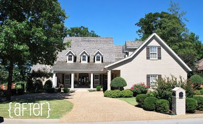 Exterior Colors: Tony Taupe, Black Fox, and Divine White | Favorite Paint Colors Blog Tony Taupe, Painted Brick House Exterior, Front Door Black, Divine White, Painted Brick Exteriors, Brick House Exterior, Painted Brick House, Stone Exterior, Door Black