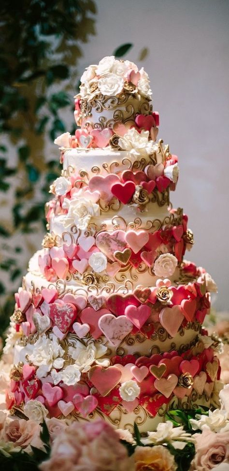 White Fairytale Wedding, Valentines Wedding Cake, Pink Wedding Color Scheme, Beverly Hills Wedding, Pink Wedding Colors, Hills Wedding, Wedding Reception Design, Wedding Cake Flavors, Hearts And Flowers