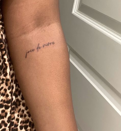 Joy Of Living Tattoo, Inner Arm Word Tattoo, And So It Goes Tattoo, The Good I’ll Do Tattoo, Back Of Arm Word Tattoo, Tattpp Ideas Woman, Remember To Live Tattoo, Joy Tattoo Ideas, Tattoo Inner Arm