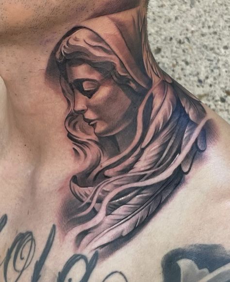 Virgin Mary Neck Tattoo, Jesus Neck Tattoo, Chicano Neck Tattoos, Angel Neck Tattoo, Back Of Neck Tattoo Men, Chucky Tattoo, Arm Tattoos Black, Best Neck Tattoos, Side Neck Tattoo