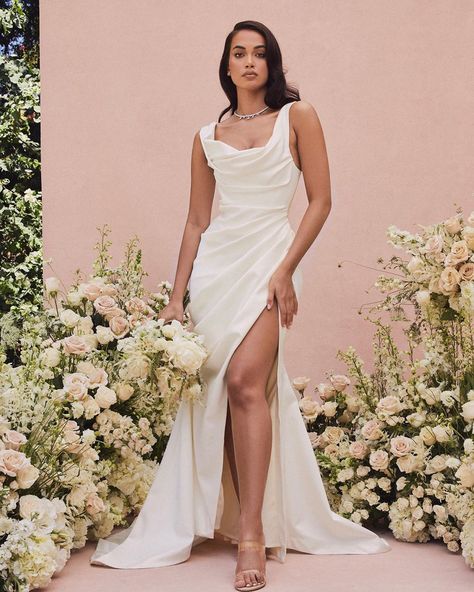 House Of CB on Instagram: “A closer look at the Delphine dress, made to be worn with the straps either up or down, the Delphine features incredible inner corsetry and…” Ivory Drapes, Draped Corset, Draped Wedding Dress, Satin Corset Dress, New Party Dress, Bandage Dress Bodycon, Wedding Dress Sizes, House Of Cb, House Dress