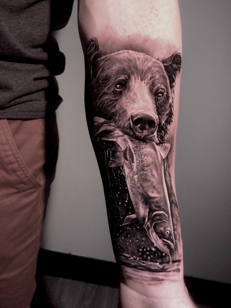 #beartattoo #naturetattoo #realismtattoo #tattoo #bear #FYINK #tattoorealistic #tattooideas #tattooart #toronto Bear And Fish Tattoo, Bear And Salmon Tattoo, Bear With Fish Tattoo, Bear Portrait Tattoo, Bear Forearm Tattoo, Realistic Bear Tattoo, Bear Tattoos For Men, Salmon Tattoo, Black Bear Tattoo