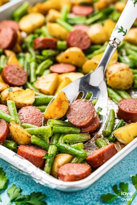 Smoked Sausage and Potatoes Green Beans And Sausage, Sheet Pan Smoked Sausage And Potatoes, Smoked Sausage Sheet Pan Dinner, Potatoes And Sausage, Sheet Pan Sausage And Potatoes, Sausage Potatoes Green Beans, Sausage And Green Beans, Polish Sausage Recipes, Sausage And Potatoes Skillet