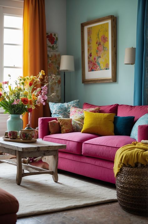 30 Stunning and Colorful Living Room Ideas You Haven't Seen Before! » Comfy Ideas Pink Living Room Color Scheme, Colorful Traditional Home Decor, Bright Colorful Living Room Ideas, Dopamine Decor Living Room, Pink Sofa Living Room Ideas, Cozy Colorful Living Room, Pink And Blue Living Room, Colorful Room Ideas, Room Tattoos