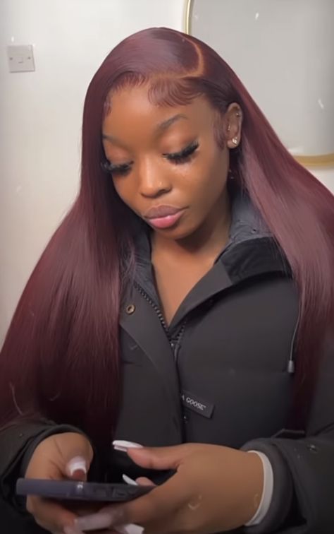 Birthday Hairstyle, Dark Burgundy Hair, Burgundy Wig, Frontal Wig Hairstyles, Peekaboo Hair, Birthday Hairstyles, Black Ponytail Hairstyles, Faux Locs Hairstyles, Quick Weave Hairstyles