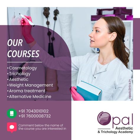 Opal Clinic offers you a wide range of professional cosmetology courses. We offer- Training from experts Professional Workshops Sharpen your management skills Beautify the future with us.! Let us know your choice of course in the comment box #academy #aestheticacademy #trichology #aesthetic #cosmetologystudent #cosmetologyeducation #cosmetology #cosmeticsurgery #learning #future #learnfromthebest #cosmetologyinstitude #skincare #education #opalclinic #rajkot Skincare Education, Cosmetology Student, Management Skills, Cosmetic Surgery, Alternative Medicine, Cosmetology, Weight Management, Fun Learning, Hair Hacks