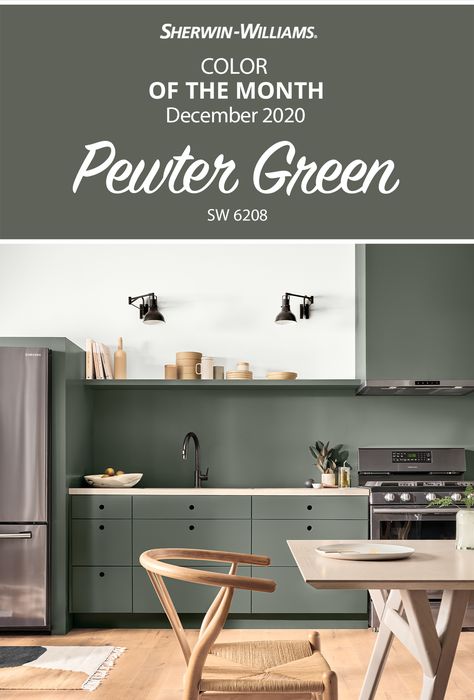 Pewter Green, Color Of The Month, Kitchen Redo, Green Kitchen, Paint Colors For Home, Kitchen Makeover, Kitchen Colors, Sherwin Williams, Paint Color