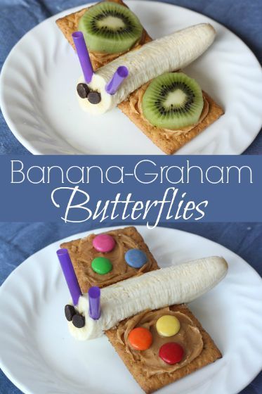 Banana-Graham Butterfly Snacks Fun Snacks For Preschoolers, Butterfly Snacks Preschool, Graham Cracker Snacks For Kids, Butterfly Snacks For Kids, Spring Food Crafts For Kids, Preschool Snack Activities, Insect Snacks For Kids, Bug Snacks Preschool, Spring Cooking Activities For Kids