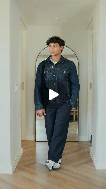 Ethan Kieffer on Instagram: "GRWM styling a navy outfit | simple outfit | details in the caption 💫 Outfit Breakdown: Pants: @_akjpstudio trousers Top: @cosstores extra fine t-shirt Jacket: @levis x outerknown trucker Shoes: @adidas sambas Bag: @apc_paris Tote - #springfashion #ootd #grwm #simplefits #minimalfashion #summerfashion #easyfashion #oldmoneystyle #minimalhouse1" Navy Trousers Men Outfit, Trucker Jacket Men Outfit, Ethan Kieffer, Jacket Levis, Trucker Jacket Men, Adidas Sambas, Outfit Simple, Navy Outfit, Simple Fits