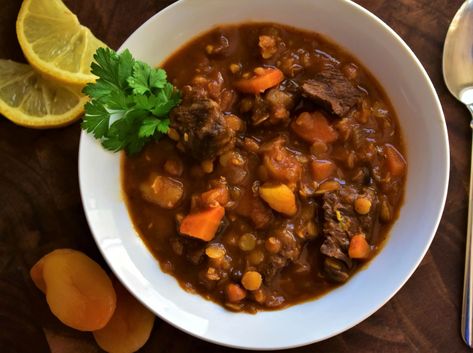 This is a flavorful beef and lentil stew inspired by the tastes of Morocco, including dried apricots and lots of spices. Beef And Lentil Stew, Beef Lentil Stew, Moroccan Beef Stew, Beef And Lentil, Healthy Stew Recipes, Moroccan Lentil, Lentil Stew Recipes, Slow Cooker Stew Recipes, Moroccan Beef