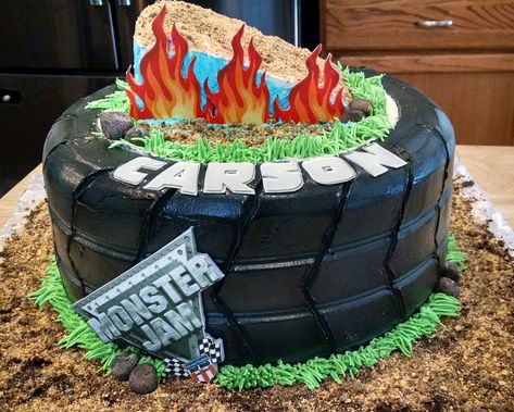 Monster Truck Tire cake no Fondant, Sawtooth cake scraper for side lines Tire Cake No Fondant, Toddler Cake, Tire Cake, Seventh Birthday, Cake Scraper, Monster Truck Cake, Twins Cake, Truck Cake, Truck Cakes