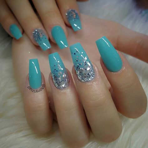 Nail Gel Colors, Blue And Silver Nails, Aqua Nails, Teal Nails, Gel Colors, Cute Acrylic Nail Designs, Gel Nail Colors, Summer Acrylic Nails, Silver Nails