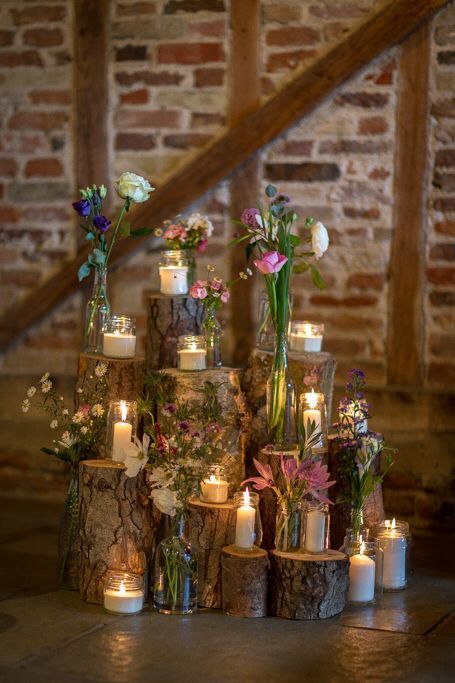 Candles Display, Flowers And Candles, Flowers Candles, Honeymoon Ideas, Wooden Log, Candle Displays, Wood Logs, Wedding Beach, Flower Candle