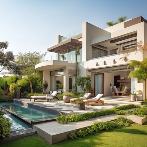 Modern Mansion With Pool, Modern House Pool, Landscape Villa, Indian House Exterior Design, Modern Beach Home, Morden House, India House, House Facades, Dream Life House