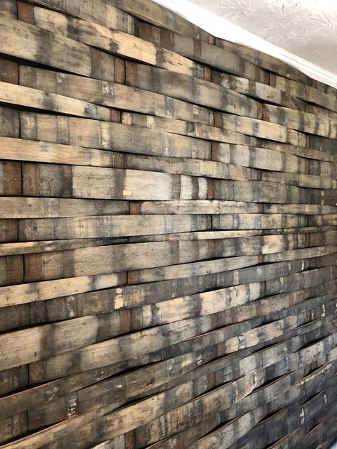 Bourbon Stave Wall, Whiskey Barrel Wall, Barrel Wall Decor, Basement Dry Bar Ideas, Barrel Stave Wall, Dry Bar Ideas, Wine Barrel Wall, Jam Room, Whiskey Barrel Furniture