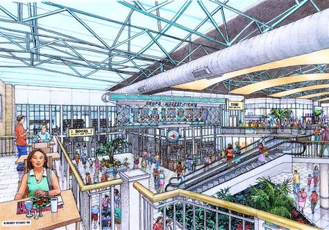 Namba Parks, Mall Interior, Shopping Mall Interior, Drawing Perspective, Architectural Renderings, Composition Drawing, Perspective Sketch, City Sketch, Flower Pot Design