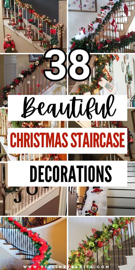 christmas staircase decorations Railing Xmas Decor, Christmas Decor Ideas For Basement, Diy Christmas Decorations For Stairs, Christmas Railings Stairways, Garland Wrapped Staircase, Christmas Stairs Decor Ideas, Christmas Decor On Stairs Railings, Vintage Christmas Staircase, Stair Rail Christmas Decorations