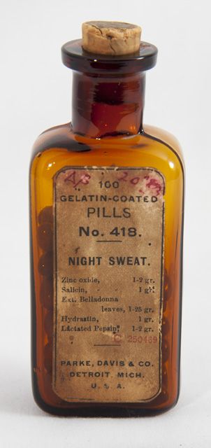 Night Sweat Pill Bottle, 1905, Davis Parke, Collection of the Museum of Health Care, 000001085 #pharmacy #history #health History Of Pharmacy, Night Sweat, Vintage Medicine Bottle, Antique Medicine Bottles, Old Medicine Bottles, Apothecary Labels, Pill Bottle, Pill Bottles, Vintage Medical