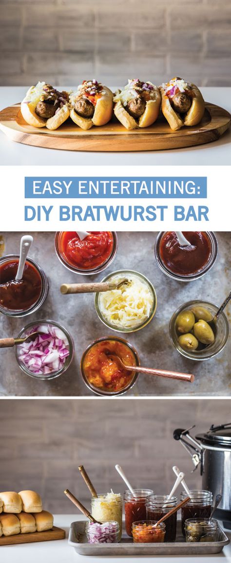 Have your guests customize their favorite summer dish with this easy entertaining idea! A DIY Bratwurst Bar is a great way to get everyone in on the food prep and having a little fun with their food. With such an easy setup, you’re sure to score big at your Memorial Day party with this build-your-own-brat bar. Bratwurst Bar, Brat Bar, Jelly Toast, Hot Dog Bar, Food Stations, Summer Dishes, Easy Entertaining, Food Prep, Bars Recipes