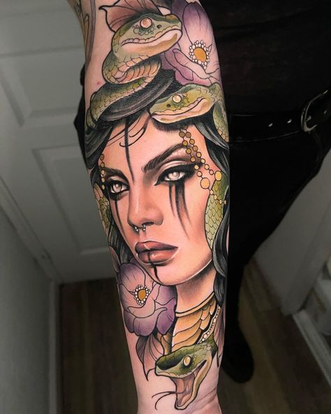 30+ Medusa Tattoos That Will Give Everyone Nightmares - 100 Tattoos Neo Traditional Greek Mythology, Medusa Tattoo In Color, Medusa Color Tattoo, Medusa Tattoo Color, Realistic Medusa Tattoo, Medusa Tattoos, Cover Up Tattoos For Women, Barcode Tattoo, Half Sleeve Tattoos Forearm